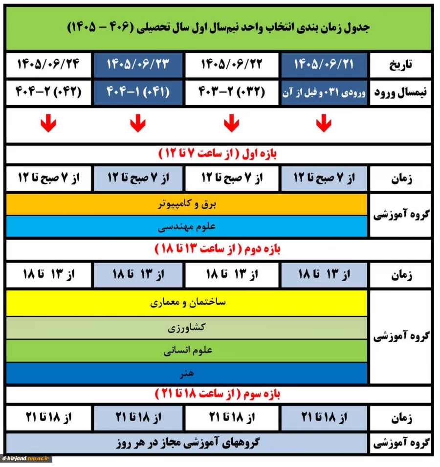 جدول انتخاب واحد نیمسال اول سال تحصیلی 1406-1405 2