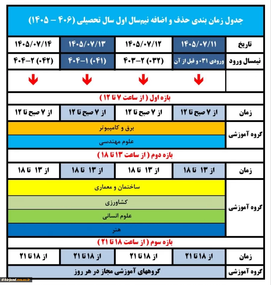 جدول زمان‌بندی حذف و اضافه نیم‌سال اول سال تحصیلی ۱۴۰۵/۱۴۰۶. (۰۵۱) 2